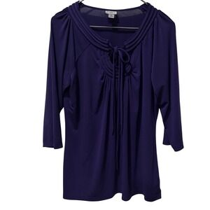 Worthington Women XL Purple 3/4 Sleeve Tie Neck Blouse Top XL Stretch
